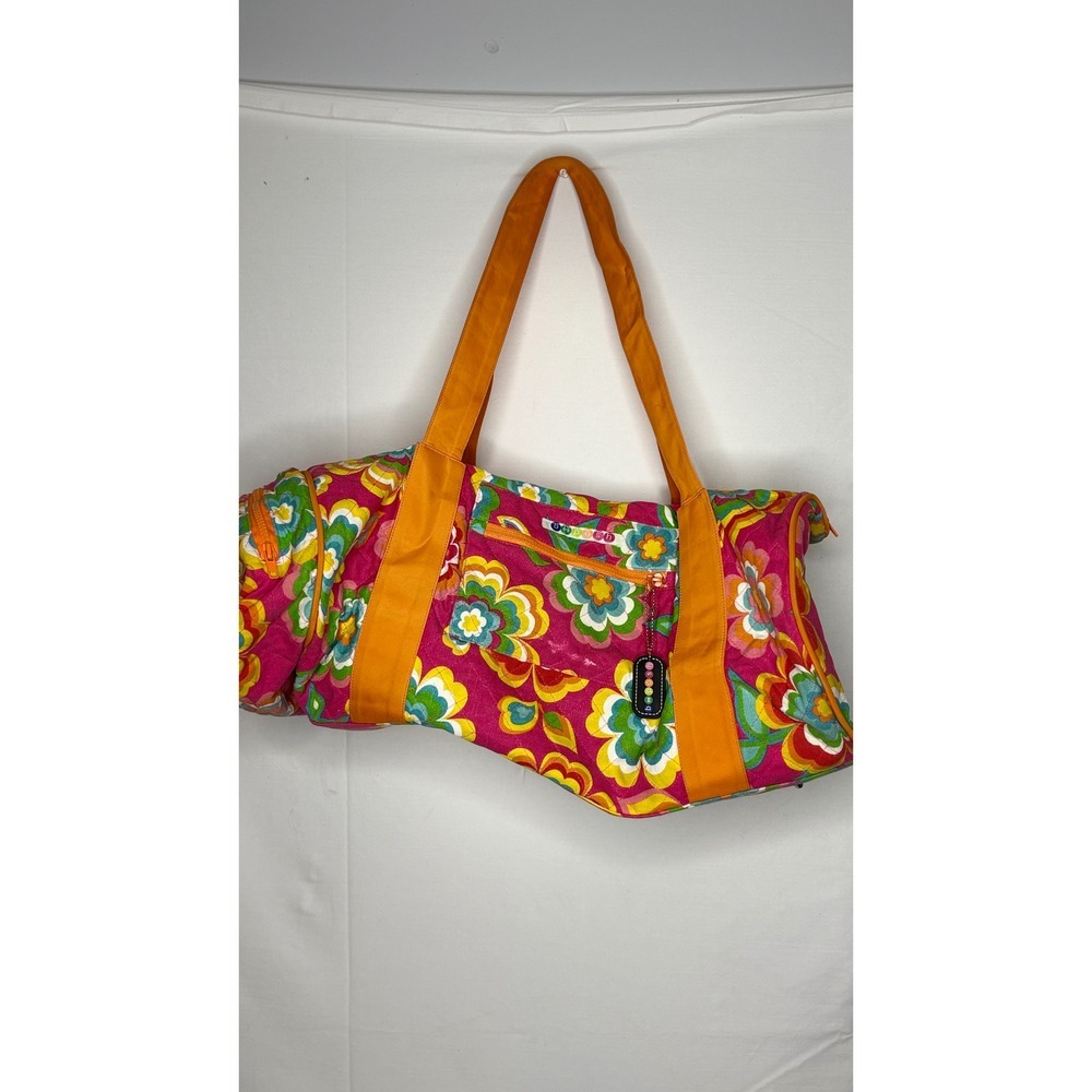 Bee Posh Pink Orange Retro Floral Quilted Duffle Bag Weekender Travel Tote